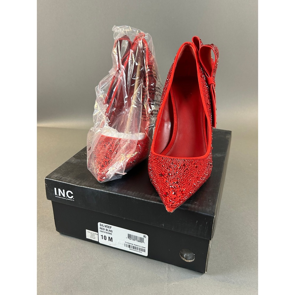 INC International Concepts Silveef Red Bling Rhinestone Bow Pumps Heels 10 M